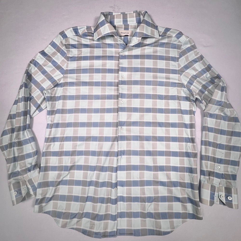 Bugatchi Mens Large 8-Way Stretch Plaid Button Down Shirt Blue Tan Long Sleeve